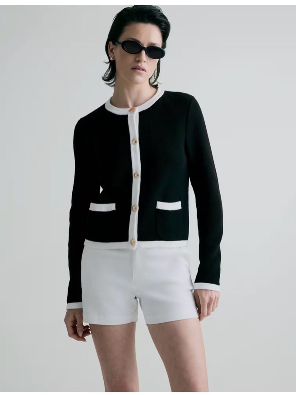 Quince Black Cardigan with White Trim